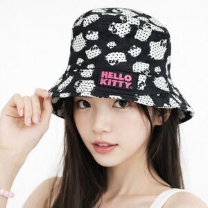 Hello Kitty Sanrio Polka Dot Bucket Hat Black White Youth M/L 90s Kawaii